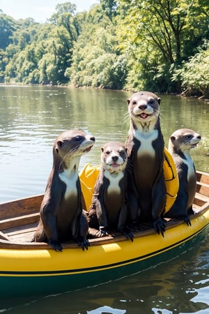 (Best Quality, 8k, 32k, Masterpiece, UHD:1.3), group of cute otters wearing a life vest and taking selfie together, one otter is holding the phone and all otters are looking up, all sitting in a canoe, all looking at camera, river background, day, volumetric lighting, realistic
