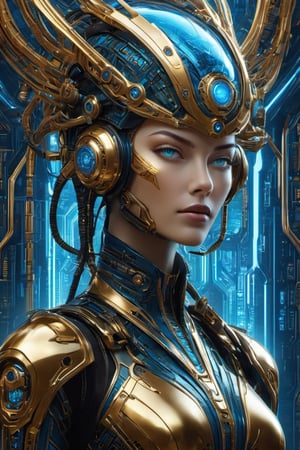 alien humanoid, artwork of a futuristic artificial intelligence superstar with frames made of detailed circuits. marvel studios concept art. artstation HQ. creative character blue/glass gold design for cyberpunk, red fiery eyes, intricate, elegant, 8k, highly detailed, digital painting, concept art, smooth, sharp focus, league of legends concept art