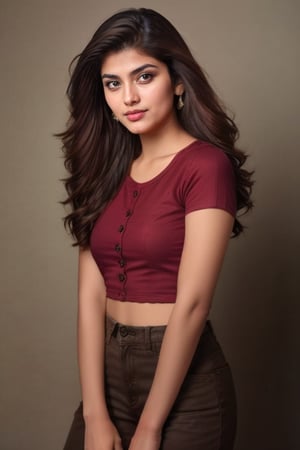 lovely cute young attractive Indian girl, a gorgeous actress,  cute,  an Instagram model, relaxed, with a medium complexion and chestnut-colored hair styled in a casual updo with loose strands around her face. She has a natural makeup look with defined eyes and a neutral lip color. She is wearing a fitted, cropped burgundy T-shirt with short sleeves and high-waisted black pants with distinctive button details. She stands confidently, with one hand on her hip and the other gently touching her pants. The lighting is soft and frontal, highlighting her features and the texture of her clothing against a muted dark background.,Indian,Indian Cute Girl,Indian Model