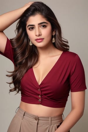 lovely cute young attractive Indian girl, a gorgeous actress,  cute,  an Instagram model, relaxed, with a medium complexion and chestnut-colored hair styled in a casual updo with loose strands around her face. She has a natural makeup look with defined eyes and a neutral lip color. She is wearing a fitted, cropped burgundy T-shirt skin tight with short sleeves and high-waisted black pants with distinctive button details. She stands confidently, with one hand on her hip and the other gently touching her pants. The lighting is soft and frontal, highlighting her features and the texture of her clothing against a muted dark background.,beautiful Indian Girl,Indian Model