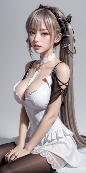 formidable(azur lane), long hair, solo, pantyhose, 1girl, between breasts, black dress, breasts, red eyes, frills, looking at viewer, white pantyhose, dress, large breasts, two-tone ribbon, white background, sitting, ribbon, frilled dress, cleavage, grey hair, simple background, very long hair, open mouth, bare shoulders, hair ribbon, blush, two-tone dress, twintails,perfect