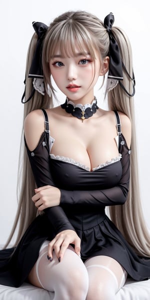 formidable(azur lane), long hair, solo, pantyhose, 1girl, between breasts, black dress, breasts, red eyes, frills, looking at viewer, white pantyhose, dress, large breasts, two-tone ribbon, white background, sitting, ribbon, frilled dress, cleavage, grey hair, simple background, very long hair, open mouth, bare shoulders, hair ribbon, blush, two-tone dress, twintails,perfect
