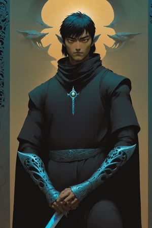 shadowrun_character, netrunner,masculine,high-tech lowlife, more detail XL, detailed character closeup,Marth from Smash Bros holding a thin thorn-like rapier vertically,digital artwork by Beksinski,symmetrical composition,facing viewer,solo