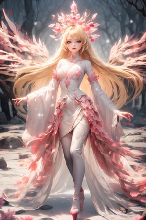 A digital illustration painting with soft pastels, a beautiful woman with long blonde hair in flow in a blue coat suit, grey long pants matching pink high heel boots, smiling, walking under the dense cherry trees, decorated, snowing sakura blossom flowing around, soft focus, silhouettes of trees framing the scenery, blue, black and pink colors blend gently, effect Bokeh background, very delicate, rim lighting, vivid, vibrant tones, und 8k