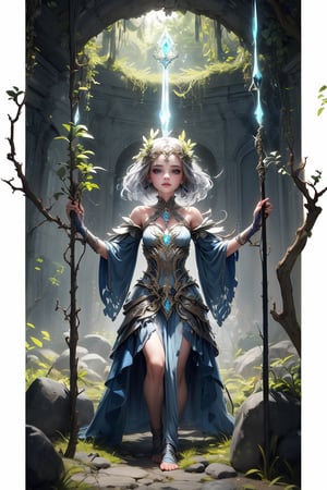 
A serene enchantress with a diaphanous gown flowing around her like the gentle mists of dawn. Her circlet is woven from the most delicate silver, with moonstone set at its center, casting a soft luminescence on her tranquil face. She holds a staff that seems to be a living branch, with leaves unfurling at her command, and at its tip, a crystal that captures the first light of morning.