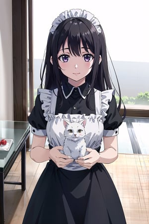 long hair, jewelry, 1girl, looking at viewer,  kawaii, cute, :),masterpiece, realistic, 2cats, maid_uniform, sunny, happy