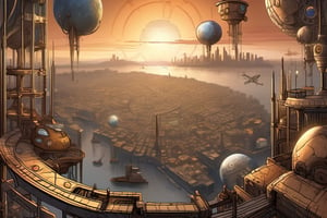 Create an imposing and metallic cityscape with a steampunk ambiance. The view from outer space of planet. City is over the cliff and other one third is the sea. The city features a skyline dominated by overlapping gears, evoking an industrial atmosphere. The lines are very strate and angled. At the center of the composition, three largest gears are interlocked, within which intricate city planning and buildings are arranged in a clockwise fashion. In the far distance, a horizon line and stars of outer space are visible, enhancing the sensation of viewing the cityscape from above, akin to observing a planet's surface from space.