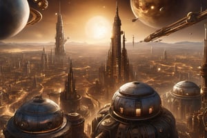 Create an imposing and metallic cityscape with a steampunk ambiance. The view from outer space of planet. The city features a skyline dominated by overlapping gears, evoking an industrial atmosphere. At the center of the composition, three largest gears are interlocked, within which intricate city planning and buildings are arranged in a clockwise fashion. In the far distance, a horizon line and stars of outer space are visible, enhancing the sensation of viewing the cityscape from above, akin to observing a planet's surface from space.