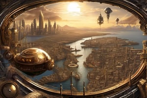 Masterpiece. Realistic. Create an imposing and metallic cityscape with a steampunk ambiance. The view from outer space of planet. City is over the cliff and other one third is the sea. The city features a skyline dominated by overlapping gears, evoking an industrial atmosphere. The lines are very strate and angled. At the center of the composition, three largest gears are interlocked, within which intricate city planning and buildings are arranged in a clockwise fashion. In the far distance, a horizon line and stars of outer space are visible, enhancing the sensation of viewing the cityscape from above, akin to observing a planet's surface from space.