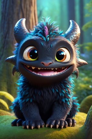 tiny,cute,3d monster,adorable creature,furry,sweet eyes,happy smile,colorful,playful,detailed textures,(best quality,4k,highres),vibrant colors,soft fur,rounded body,playful pose,mischievous expression,innocent appearance,toothless grin,magical,whimsical,friendly,childhood memories,beautifully sculpted,elegant,lovable creature,life-like features,irresistible charm,enchanted forest,fantastical backdrop,joyful atmosphere,dream-like setting,enchanted lighting, (portrait,concept artist:1.2),(anime:1.1)