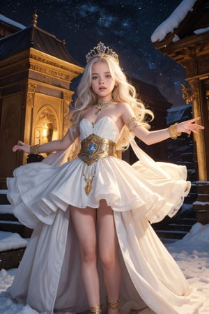 little girl, 9 yo,  white skin, white hair, long hair, Tiny tits,  queen crown,  belt,  pendant,  bracelet,  earring,  necklace,  choker,  armlet,  anklet,  body chain,  diamond headband,  piercing,  armor shoulder,  standing,  on the snow, doing air manipulation in his hand superpower, leaves circulated around him, action pose, dynamic composition, full body potrait, dynamic composition, at night, queen clothes, wearing dress