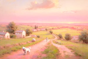 Peaceful pastoral landscape. Wide shot with a bit of fisheye. Aerial perspective. Pink sky, gentle breeze. 

A village path meanders from front left to back right. A little girl playfully chases after a fluffy white dog. The dog waits for her to catch up.

Impressionistic soft lighting. Simply economic brushstroke in low detail areas.