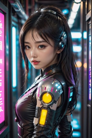 a cute japanese girl in cyberpunk style , futuristic look,in a metaverse ,her flawless beauty attracts the veiwer ,beautiful structure with a beautiful pose 