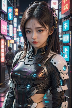 a cute japanese girl in cyberpunk style , futuristic look,in a metaverse ,her flawless beauty attracts the veiwer ,beautiful structure with a beautiful pose 