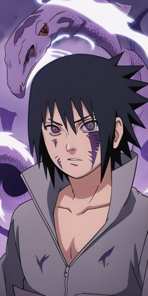 high quality potrait of sasuke uchiha with exposed curse marks and his sharingan eyes directly conract with the veiwer ,purple clour  gaint snakes surrounding him high detaled