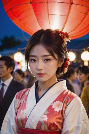 cute japanese girl on asummer festival night market wearing traditiuonal japaness dress looking gently at the veiwer , her flawless face resembles the pale red moon , her face glows on  as the light of street lamp  a potrait of a beautiful young women 