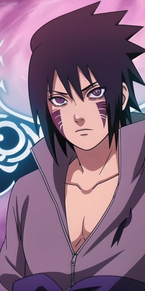high quality potrait of sasuke uchiha with exposed curse marks and his sharingan eyes directly conract with the veiwer ,purple clour susano behind him ,high detail