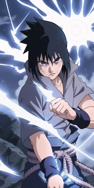 "Sasuke Uchiha channels lightning chakra into his hand, forming the formidable Chidori. The air crackles with energy as he prepares to unleash this powerful jutsu. Capture the intensity and focus in an image of Sasuke wielding the Chidori with precision and determination."