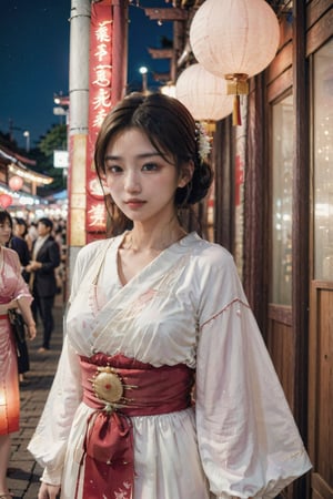 cute japanese girl on asummer festival night market wearing traditiuonal japaness dress looking gently at the veiwer , her flawless face resembles the pale red moon , her face glows on  as the light of street lap reaches her , a potrait of a beautiful young women 
