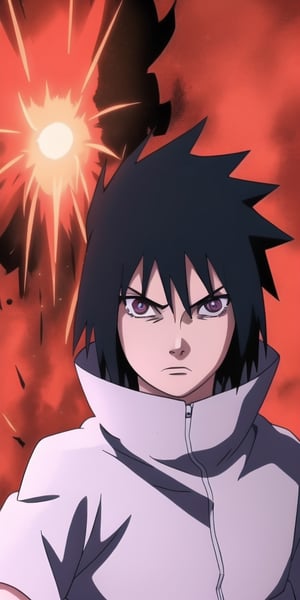 "Intense moment: Sasuke Uchiha stands tall, Sharingan eyes ablaze, focusing directly on the viewer with a determined gaze. The atmosphere is charged with chakra, hinting at the power within. Create an image capturing this compelling scene."