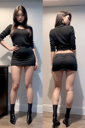1 girl, solo, with fully make up, big eyes, 173cm tall, 43 inches leg, high details, full body show, back view vision, vision of picking up things, show pussy, sexy pose, wearing black socking, office background, wearing mini skirt, peek her briefs underwear vision