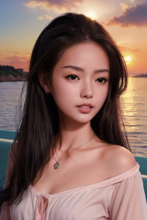 necklace, (((Masterpiece))) , 
,MagenFace, face only, headshot,  sunset, by the sea, boat,anime, painting, illustration, V neck pink blouse,
