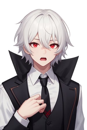 Man alone , looking at viewer, short hair, open mouth, bangs, simple background, shirt, red eyes, long sleeves, 1boy, white background, hair between eyes, jacket, upper body, white hair, male focus, open clothes, necktie, collared shirt, virtual youtuber, vest, black shirt, formal, white jacket, suit, red necktie, black vest, grey vest