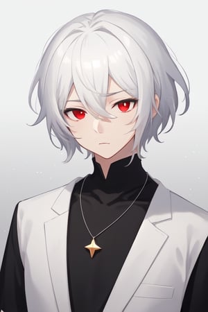 Man alone, looking at viewer, short hair, simple background, shirt, black hair, red eyes, hair between eyes, closed mouth, upper body, white hair, male focus, black and white hair, gray background, gradient, shirt black, gradient background, deadpan galaxy necklace, butler