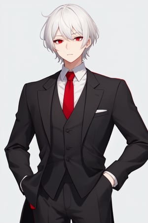Man alone, short hair, white hair, red eyes, closed mouth, elegant suit, butler suit, black suit, red tie, elegant white shirt, gray background, gray background