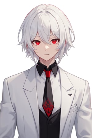 Man alone, looking at viewer, short hair, closed mouth, bangs, simple background, shirt, red eyes, long sleeves, white background, hair between eyes, jacket, upper body, white hair, male focus, tie, shirt with collar, virtual youtuber, black shirt, formal, white jacket, service suit, butler, red tie