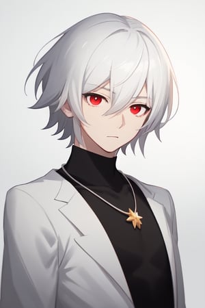Man alone, looking at viewer, short hair, simple background, shirt, black hair, red eyes, hair between eyes, closed mouth, upper body, white hair, male focus, black and white hair, gray background, gradient, shirt black, gradient background, deadpan galaxy necklace, butler,