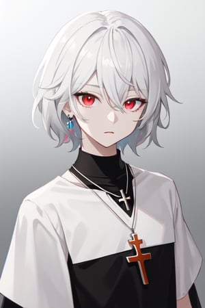 solo, looking at viewer, short hair, bangs, simple background, shirt, black hair, red eyes, 1boy, hair between eyes, jewelry, closed mouth, upper body, white hair, grey hair, male focus, multicolored hair, grey background, necklace, gradient, black shirt, gradient background, expressionless, cross, cross necklace, priest