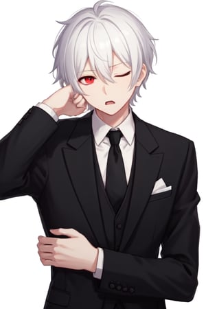 alone, looking at viewer, short hair, simple background, shirt, white hair, red eyes, 1 boy, white background, hair between eyes, mouth closed, jacket, upper body, male focus, tie, black jacket, black shirt black, formal, suit, red tie