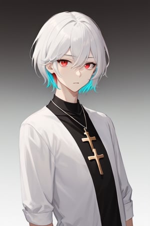 Man alone, looking at viewer, short hair, bangs, simple background, shirt, black hair, red eyes, 1boy, hair between eyes, jewelry, closed mouth, upper body, white hair, gray hair, male focus, multicolored hair , gray background, necklace, gradient, black shirt, gradient background, expressionless, cross on arm, cross necklace, butler