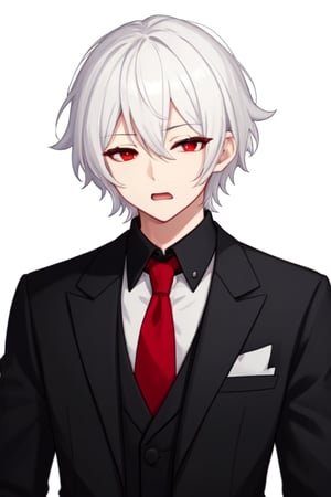 alone, looking at viewer, short hair, simple background, shirt, white hair, red eyes, 1 boy, white background, hair between eyes, mouth closed, jacket, upper body, male focus, tie, black jacket, black shirt black, formal, suit, red tie