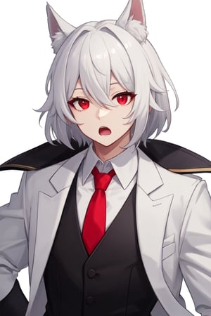 solo, looking at viewer, short hair, open mouth, bangs, simple background, shirt, red eyes, long sleeves, 1boy, white background, hair between eyes, jacket, upper body, white hair, male focus, open clothes, necktie, collared shirt, virtual youtuber, vest, black shirt, formal, white jacket, suit, red necktie, black vest, grey vest