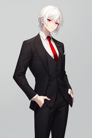 Man alone, long short hair, white hair, red eyes, closed mouth, elegant suit, butler suit, black suit, red tie, elegant white shirt, gray background, gray background
