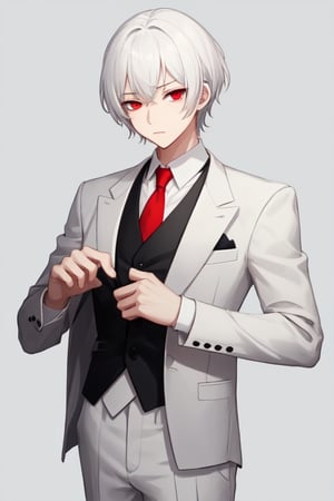 Man alone, short hair, white hair, red eyes, closed mouth, elegant suit, butler suit, black suit, red tie, elegant white shirt, gray background, gray background