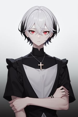 Man alone, looking at viewer, short hair, bangs, simple background, shirt, black hair, red eyes, 1boy, hair between eyes, jewelry, closed mouth, upper body, white hair, gray hair, male focus, multicolored hair , gray background, necklace, gradient, black shirt, gradient background, expressionless, cross on arm, cross necklace, butler