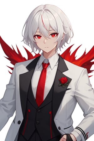 Man alone, looking at viewer, short hair, closed mouth, bangs, simple background, shirt, red eyes, long sleeves, white background, hair between eyes, jacket, upper body, white hair, male focus, tie, shirt with collar, virtual youtuber, black shirt, formal, white jacket, service suit, butler, red tie
