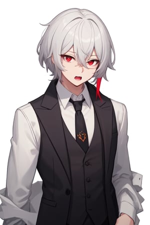 Man alone , looking at viewer, short hair, open mouth, bangs, simple background, shirt, red eyes, long sleeves, 1boy, white background, hair between eyes, jacket, upper body, white hair, male focus, open clothes, necktie, collared shirt, virtual youtuber, vest, black shirt, formal, white jacket, suit, red necktie, black vest, grey vest