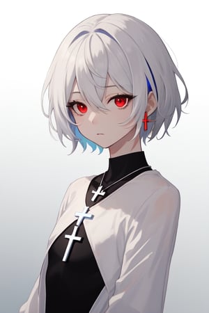 alone, looking at viewer, short hair, bangs, simple background, shirt, black hair, red eyes, 1boy, hair between eyes, jewelry, closed mouth, upper body, white hair, gray hair, male focus, multi-colored hair, gray background, necklace, gradient, black shirt, gradient background, expressionless, cross on arm, cross necklace, butler