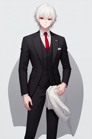 Man alone, long short hair, white hair, red eyes, closed mouth, elegant suit, butler suit, black suit, red tie, elegant white shirt, gray background, sublime