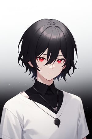 Man alone, looking at viewer, short hair, simple background, shirt, black hair, red eyes, hair between eyes, closed mouth, upper body, white hair, male focus, black and white hair, gray background, gradient, shirt black, gradient background, deadpan galaxy necklace, butler,