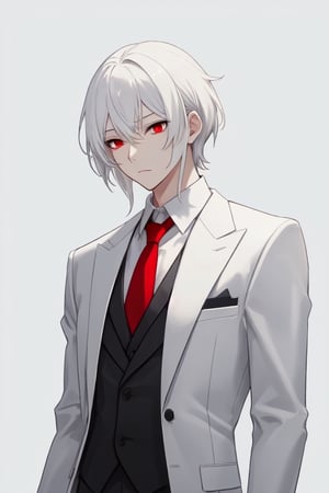 Man alone, long short hair, white hair, red eyes, closed mouth, elegant suit, butler suit, black suit, red tie, elegant white shirt, gray background, gray background