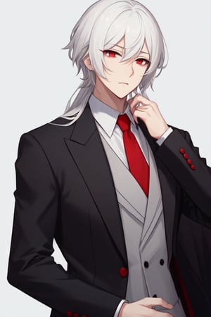 Man alone, short hair, long hair, white hair, red eyes, closed mouth, elegant suit, butler suit, black suit, red tie, elegant white shirt, gray background, gray background