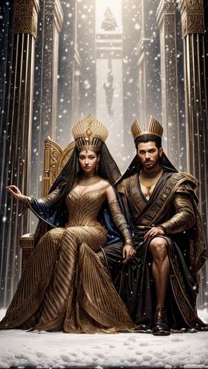  Egyptian  king and Queen both sitting on thrones , properly craved realistic huge throne, full body detailed realistic focused high quality face, high perfect sharp eyes, holding sharp swords, furious suitation in place, face, adventures suitation, backround snow , backround Egypt piramid, adventures, wearing Egyptian civilization traditional dress, beautiful face,  realistic HD face, 