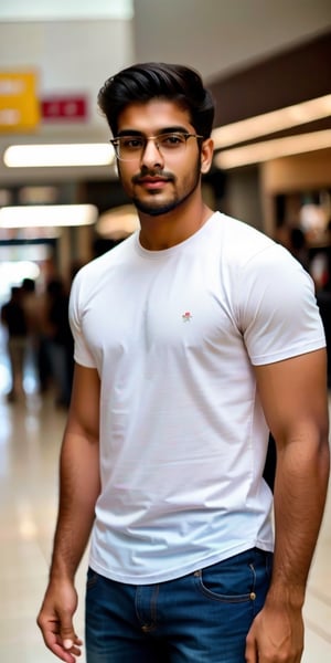 A 23 years young indian boy,wearing jeans pant and check shirt glasses, handsome the beard face with details, beautiful black eyes, black long hair, smile 0.1, model photoshot, high quality realistic photo. ,HANDSOME MAN,Portrait,tank top shirt,low-cut chest