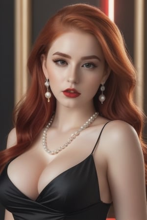 Ultra realistic, masterpiece, hd, complex_background, 1 girl, statuesque and fit, standing with hands on hips, long red hair, large_boobs,   
Black dress low cut, mid thigh length, red makeup,  pearl necklace  and earrings ,photo realistic 