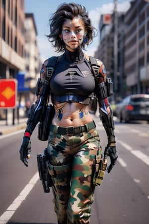 Ultra realistic, masterpiece, hd, complex_background, 1 girl, thin and fit, tight camouflage pants, camouflage cropped top, short punk hair,  she is walking towards the viewer, she is surrounded by destruction, she has a pistol in a holster , (((she is carrying an M16 rifle))),
